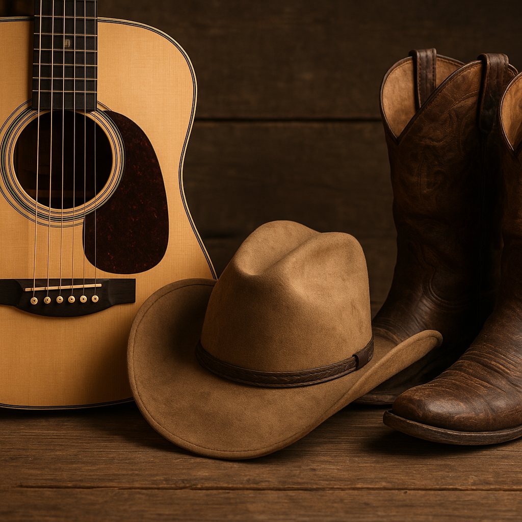 Najbardziej symboliczne rekwizyty country – gitary, kapelusze, buty.